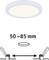 Okrúhly biely LED panel s nastaviteľným rozsahom 50–85 mm. Diagram znázorňuje upevnenie a nastavenie veľkosti.