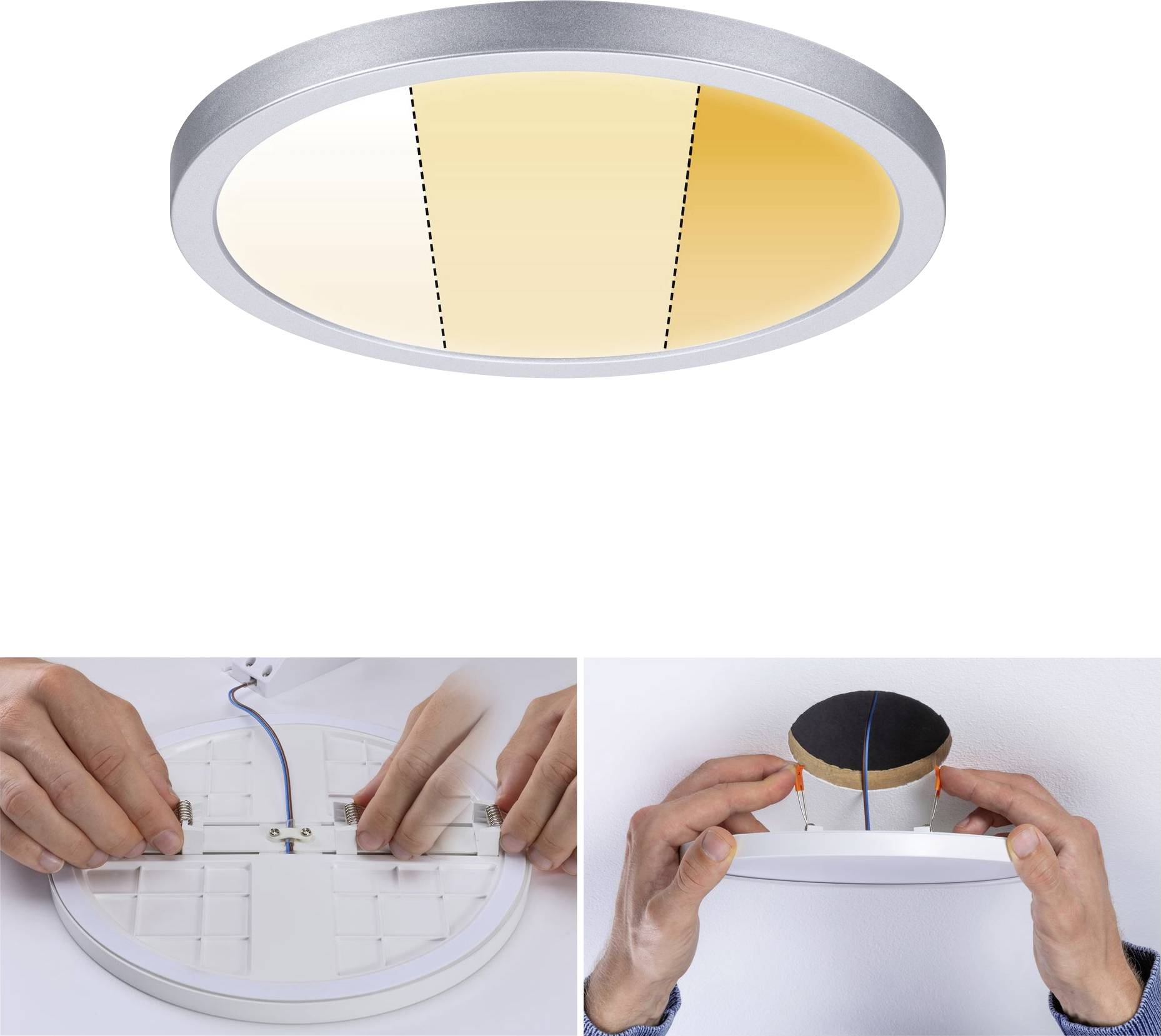 Okrúhle stropné svietidlo s teplým svetlom. Ruky montujú lampu na strope.