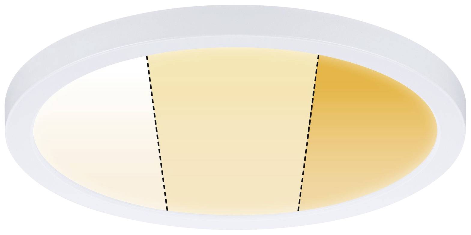 Okrúhle stropné svietidlo s dvojfarebným LED osvetlením: vľavo biele svetlo, vpravo teplé oranžové svetlo.