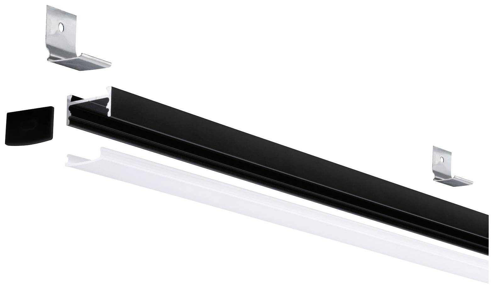 Montážny návod na podlhovastú lampu so spojovaciami uhlami, krytom a krytom v čiernej a bielej farbe. Diely sú zobrazené samostatne.