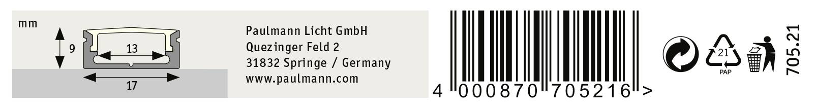 Čiarový kód štítku spoločnosti Paulmann Licht GmbH s informáciami o produkte, adresou výrobcu a symbolmi recyklácie.