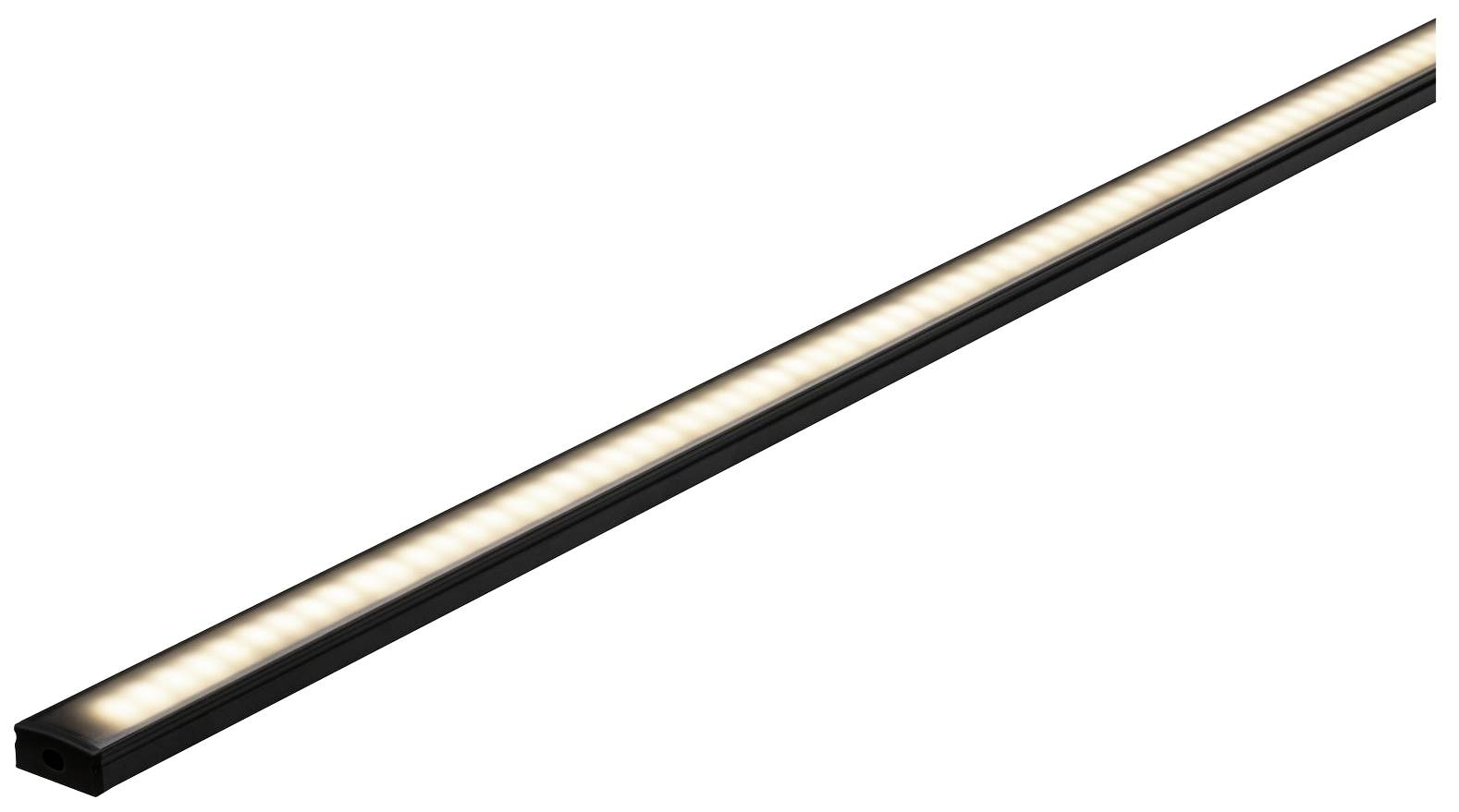 LED svetelná lišta s čiernym krytom, dlhá a úzka, svieti teplým bielym odtieňom.