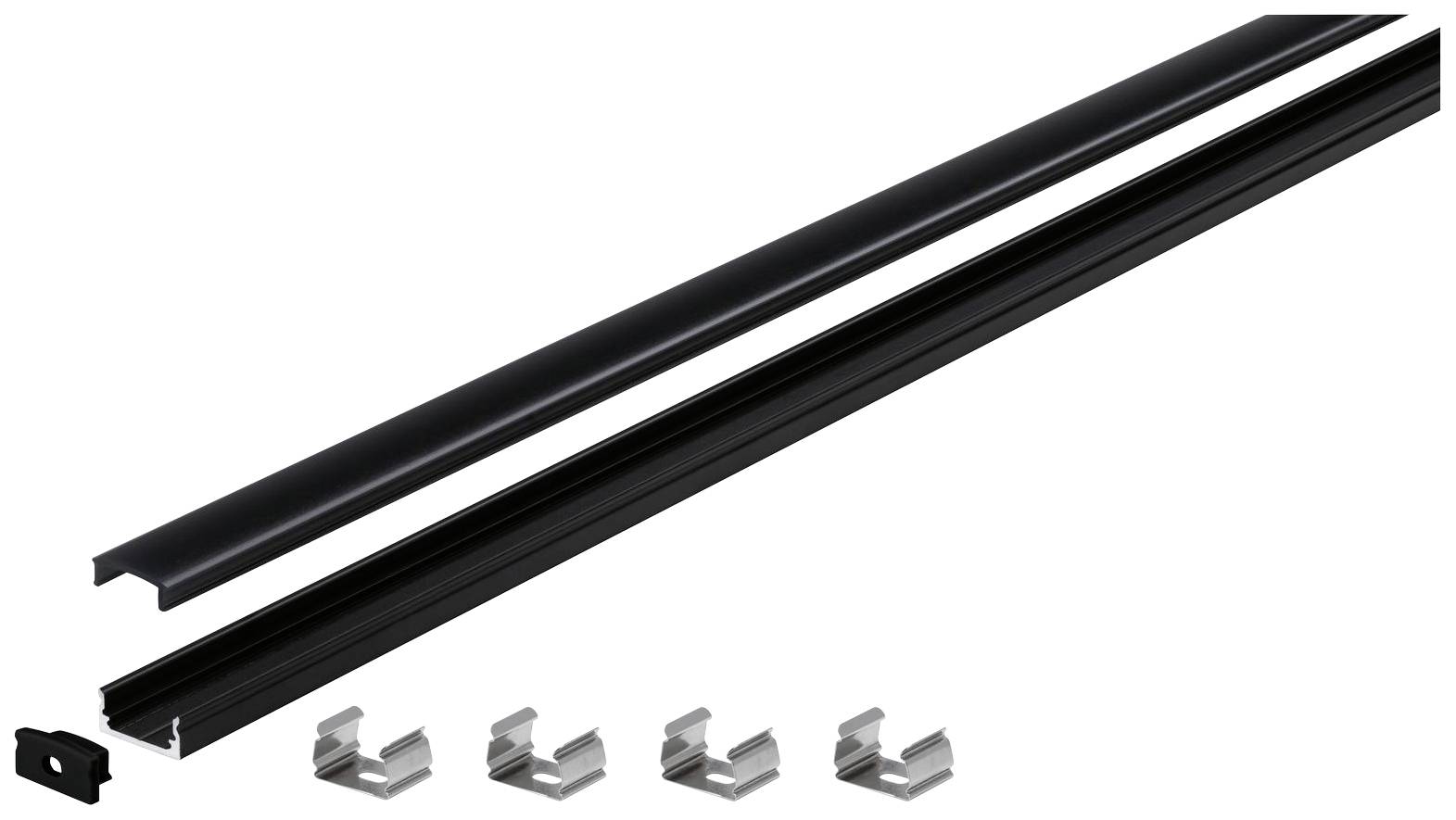 Čierny lakovaný háčikový set so štyrmi kovovými svorkami na upevnenie, vhodný pre montáž panelov alebo líšt.