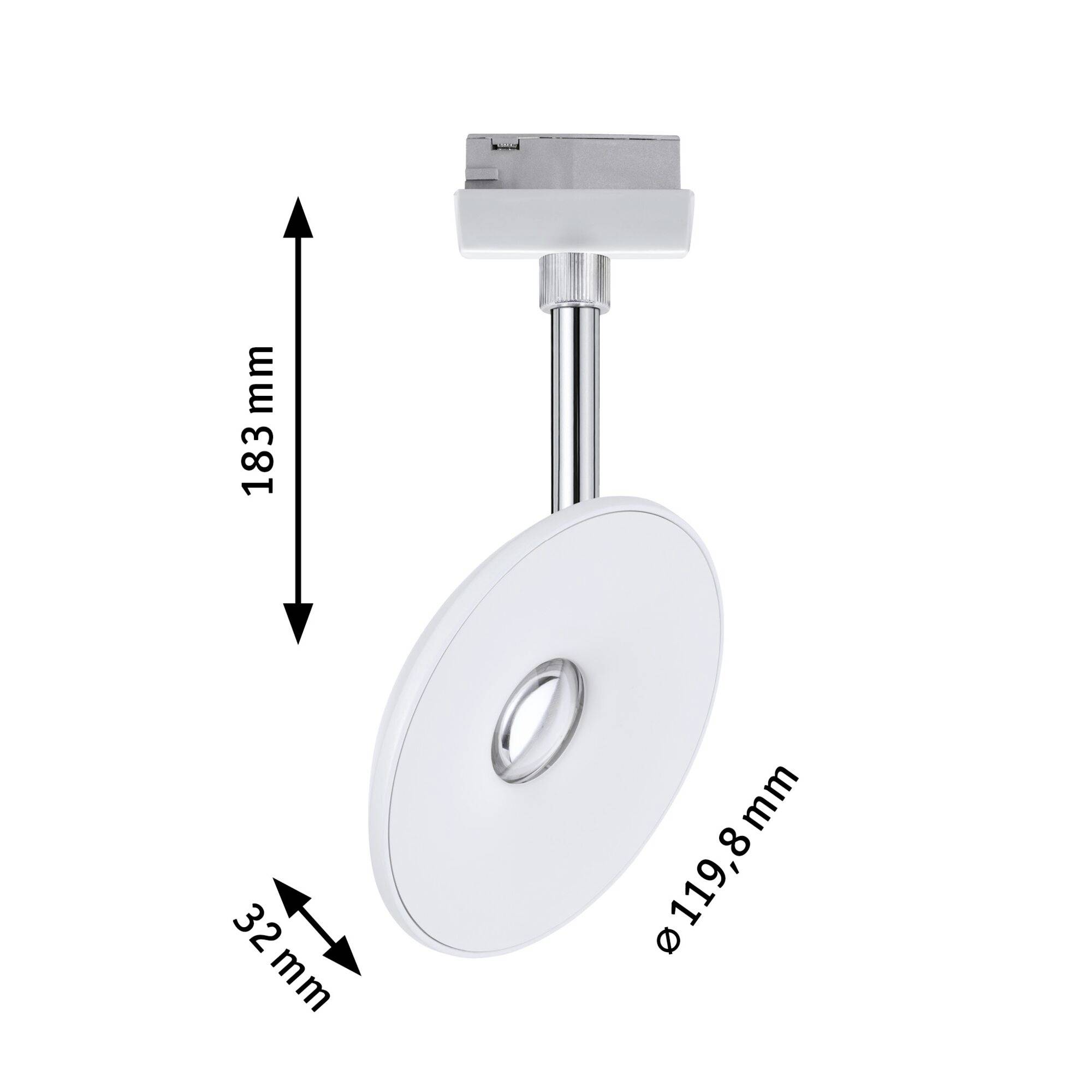 Vstavaná lampa s okrúhlym, bielym dizajnom, mechanizmom na nastavenie výšky s rozmermi: 183 mm (výška), 32 mm (šírka), priemer 119,8 mm.