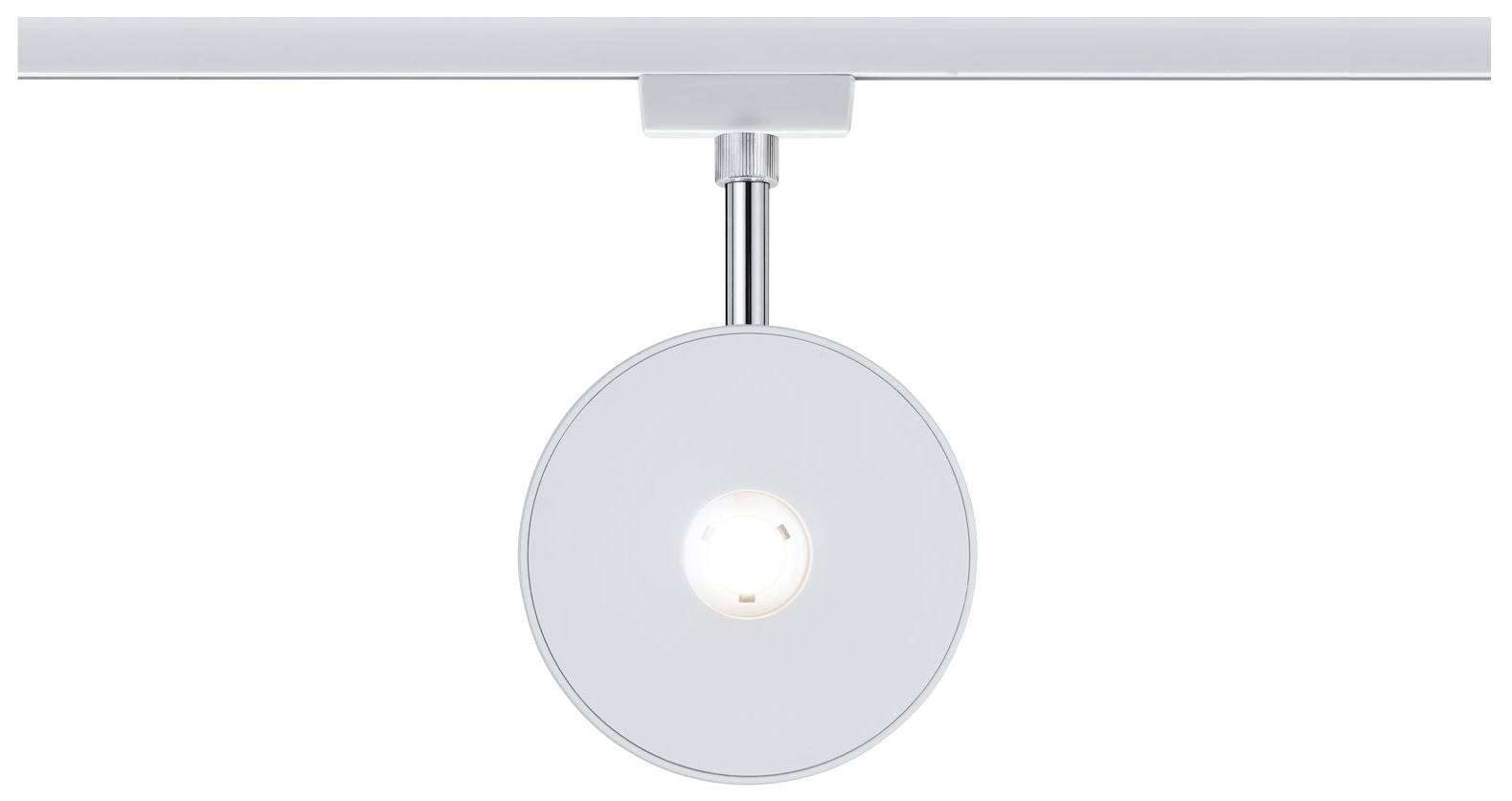 Biely LED stropný reflektor s okrúhlym tienidlom a lesklým kovovým držiakom, upevnený na lište.