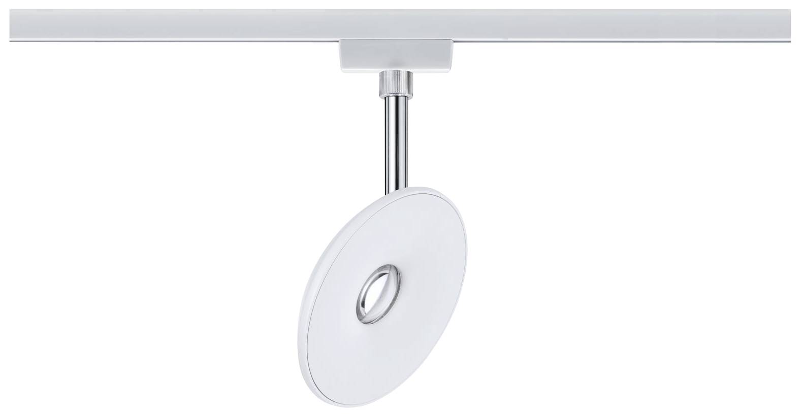 Okrúhle biele stropné LED svietidlo je upevnené na striebornej koľajnici a slúži na cielenú priestorovú ilumináciu.