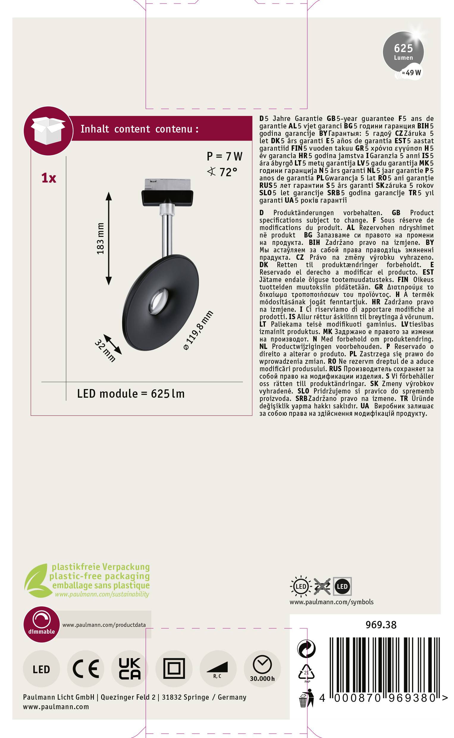 'Paulmann Licht GmbH LED-modul 625 lm, 7 W, 72° uhol vyžarovania.' Produktový obal s technickými detailmi a environmentálnymi symbolmi.