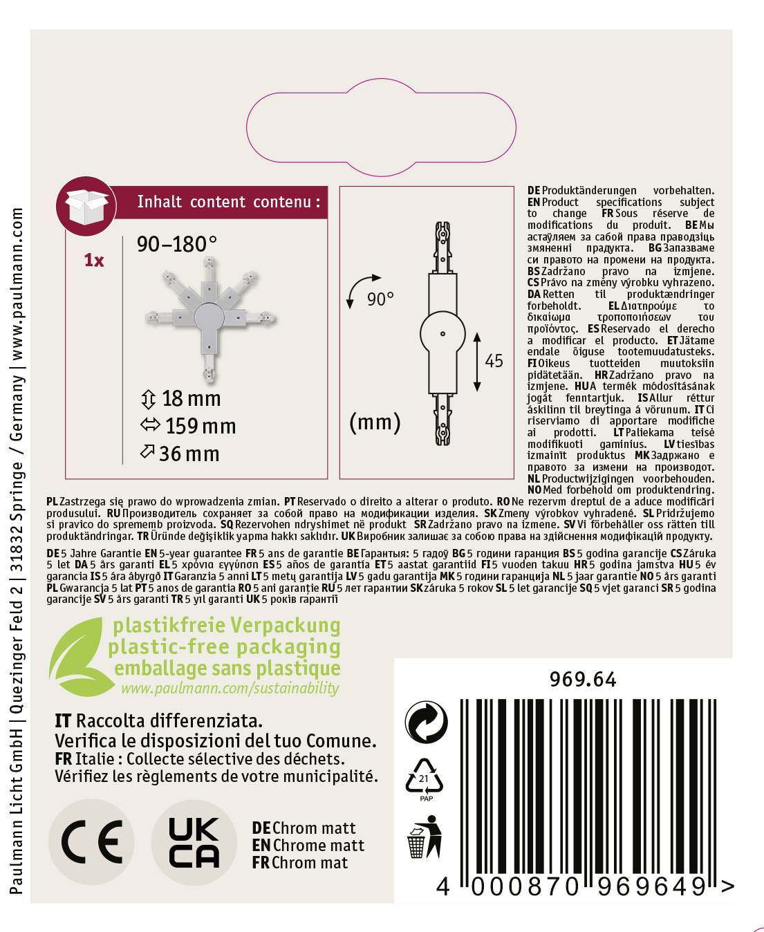 Zadná strana obalu svetelného zdroja 'Paulmann'. Zobrazuje technické detaily vrátane rozmerov (18-159 mm), symbolov recyklácie a bezpečnostných štítkov.