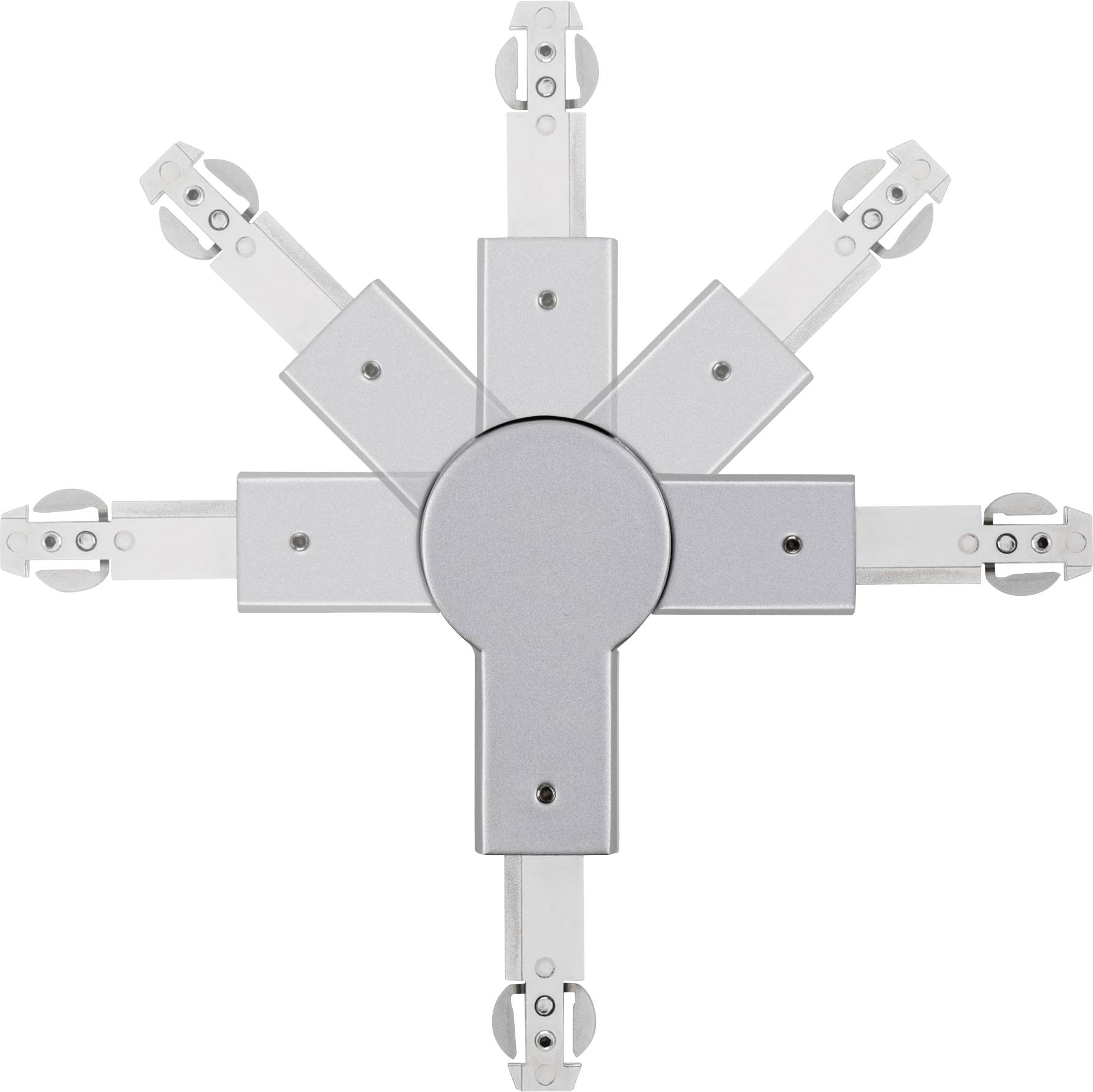 Strieborný mechanický nástroj so šiestimi vyklopiteľnými ramenami, symetricky usporiadanými, pred bielym pozadím.