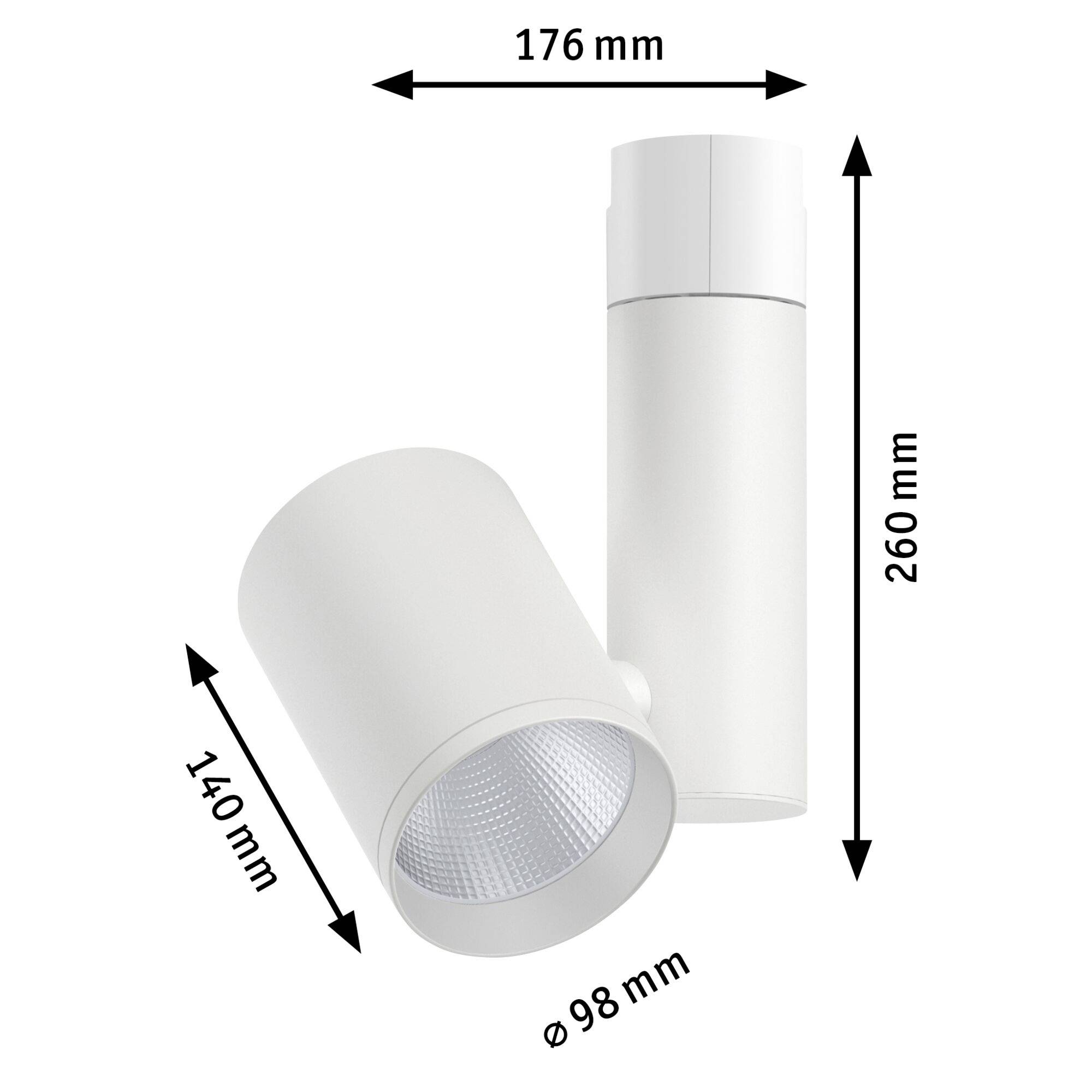 Dve biele cylindrické svietidlá, jedno naklonené. Rozmery: priemer 98 mm, výška 140 mm a 260 mm, celková šírka 176 mm.