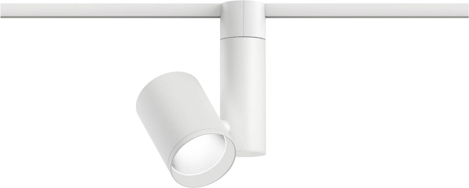 Minimalistický, biely koľajnicový systém s nastaviteľným valcovým reflektorom, ktorý svieti smerom nadol. Ideálny pre cielenené osvetlenie.