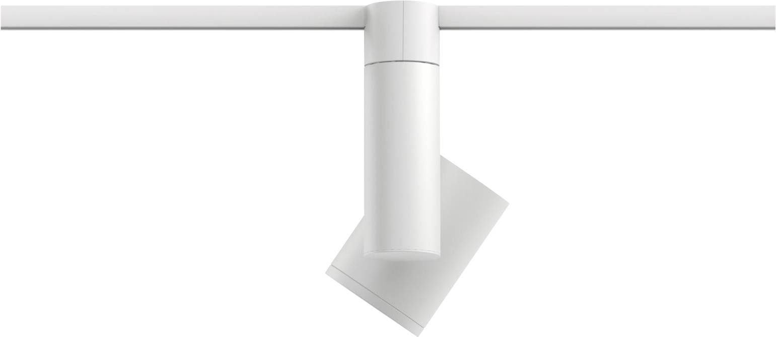 Moderné biele stropné osvetlenie v cylindrickom tvare, namontované na lište. Vhodné pre funkčné osvetlenie.