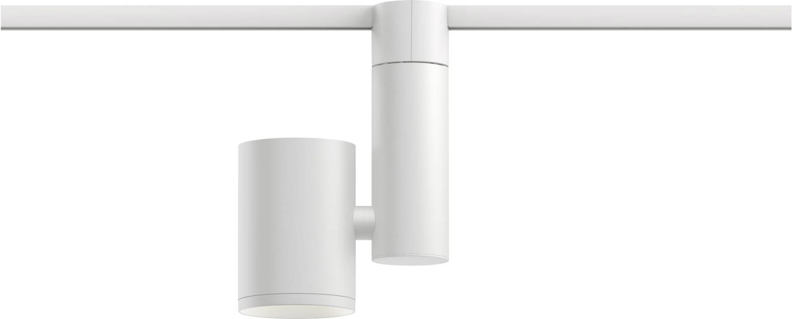 Biely reflektor na koľajnici, vhodný na cielenú vnútornú osvetľovaciu techniku. Reflektor má valcovitý tvar.