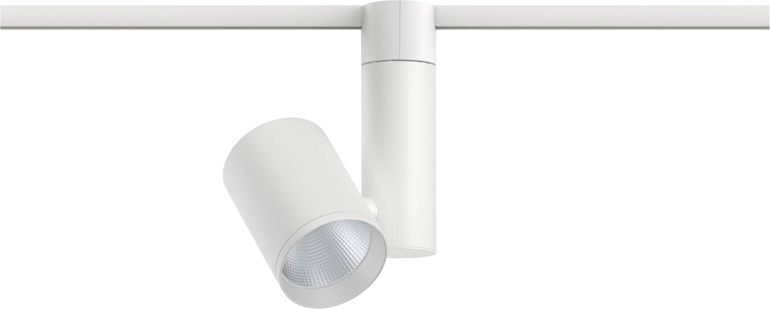 Biela, valcovitá stropná lampa na koľajnici, vhodná pre akcentové osvetlenie.