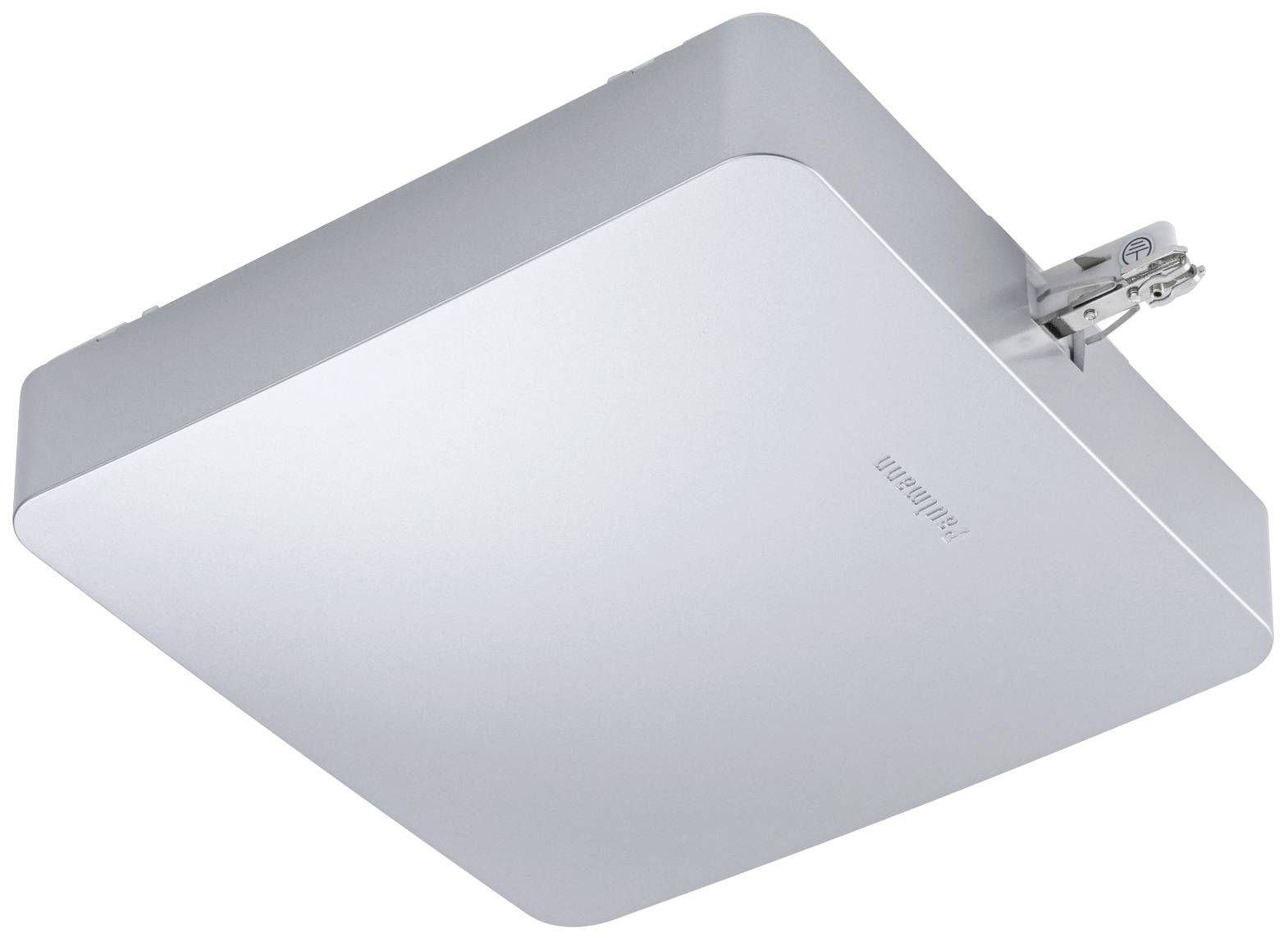 Biely štvorcový stropný reproduktor so zaoblenými rohmi a držiakom na uchytenie do stropu.