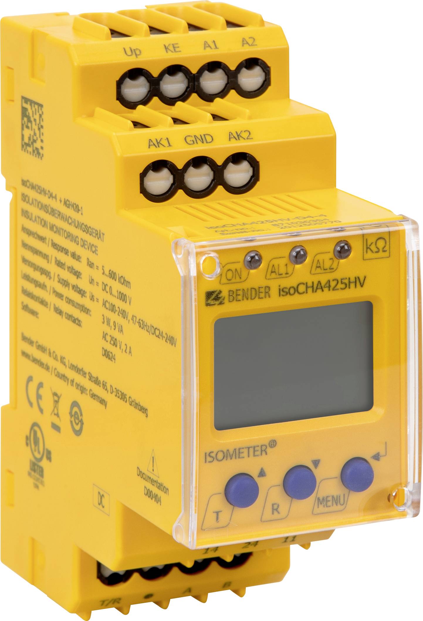 Žlté elektrické meracie zariadenie s displejom a ovládacími tlačidlami, označené ako 'ISOMETER isoCHA425HV', používané na meranie izolácie.