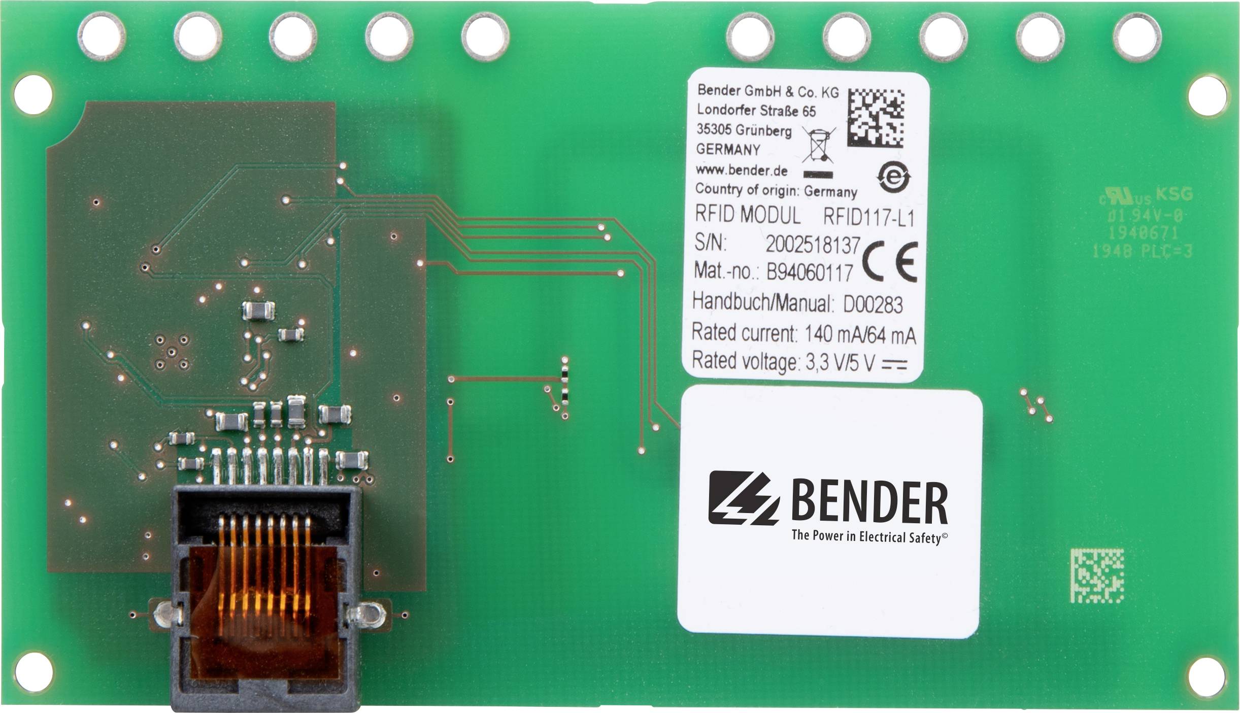 RFID modulová doska od Bender GmbH s technickými špecifikáciami. Obsahuje sériové číslo a upozornenia týkajúce sa napätia.