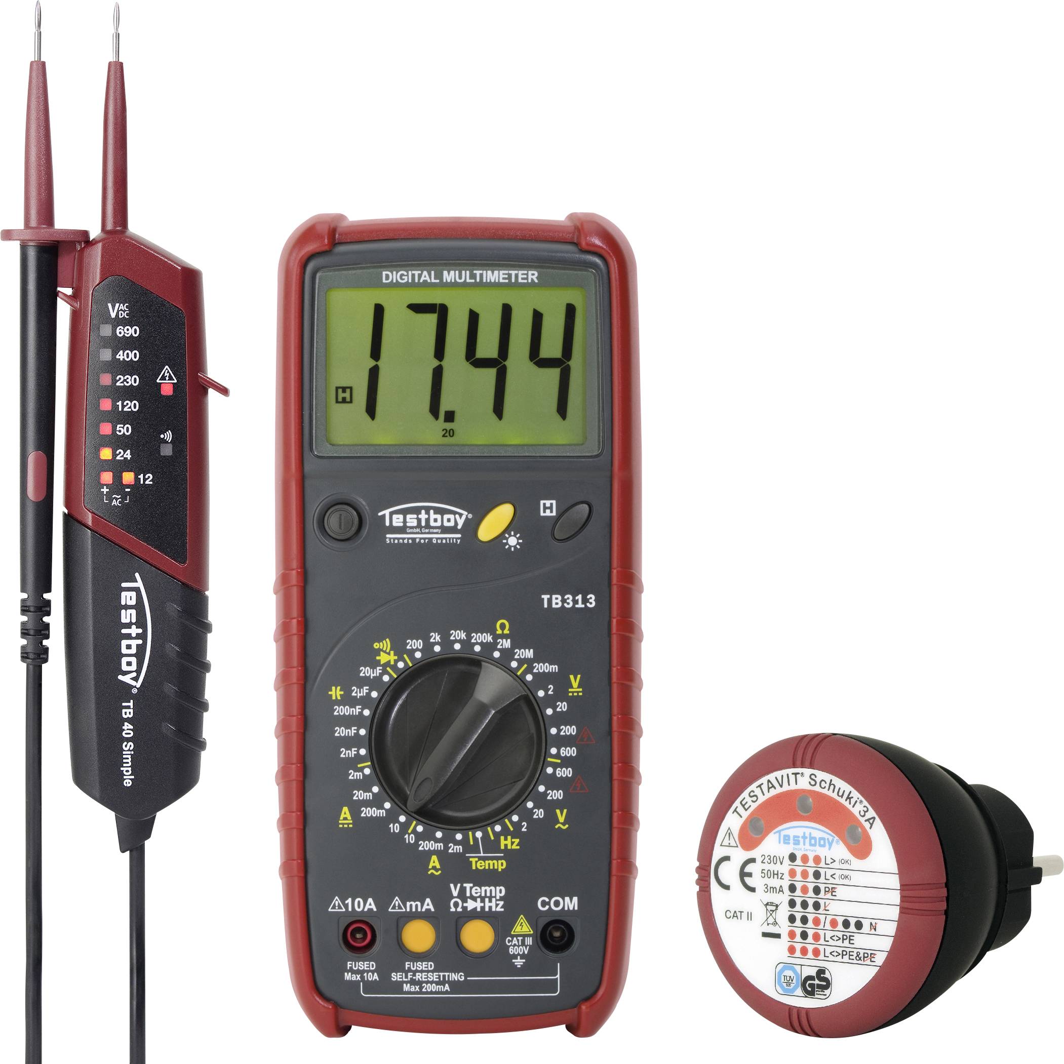 Digitálny multimeter, skúšačka napätia a meracie hroty. Nástroje na meranie elektrického napätia a prúdu.
