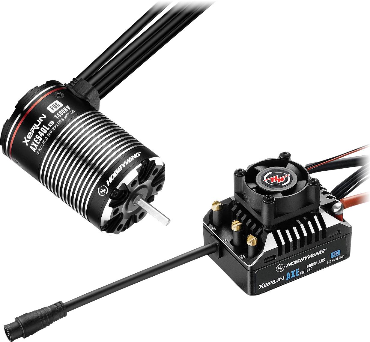 Elektromotor s ventilátorom a káblami, vedľa neho elektronická riadiaca jednotka, obe vhodné pre diaľkovo ovládané vozidlové aplikácie.