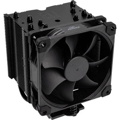 Čierny chladič CPU s ventilátorom a chladiacimi rebrami.