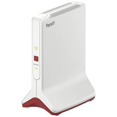 Biely router s červenými akcentmi a nápisom 'FRITZ!'. Na prednej strane svieti červená a zelená LED dióda vedľa seba.