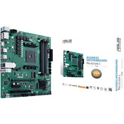 Základná doska ASUS B550M-C vedľa jej obalu. Základná doska je navrhnutá pre podnikové počítače a ponúka funkcionalitu CSM.