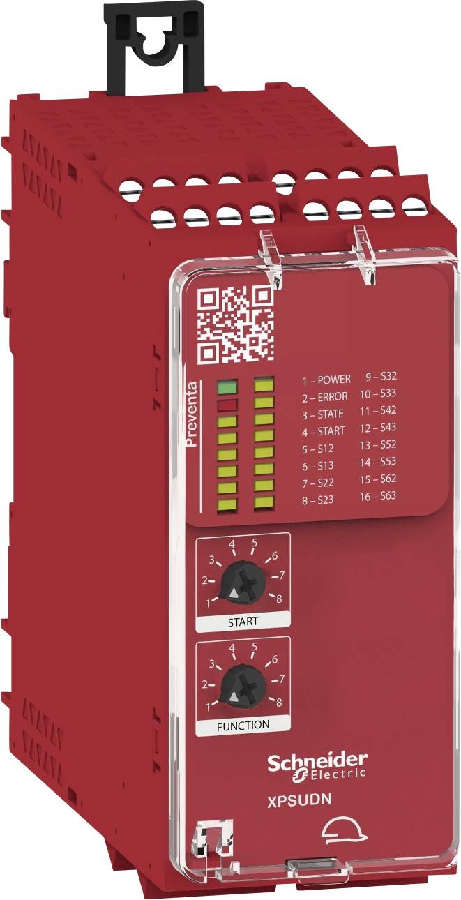 Červené bezpečnostné relé značky Schneider Electric s LED indikátormi a otočnými prepínačmi pre 'Štart' a 'Funkciu'.