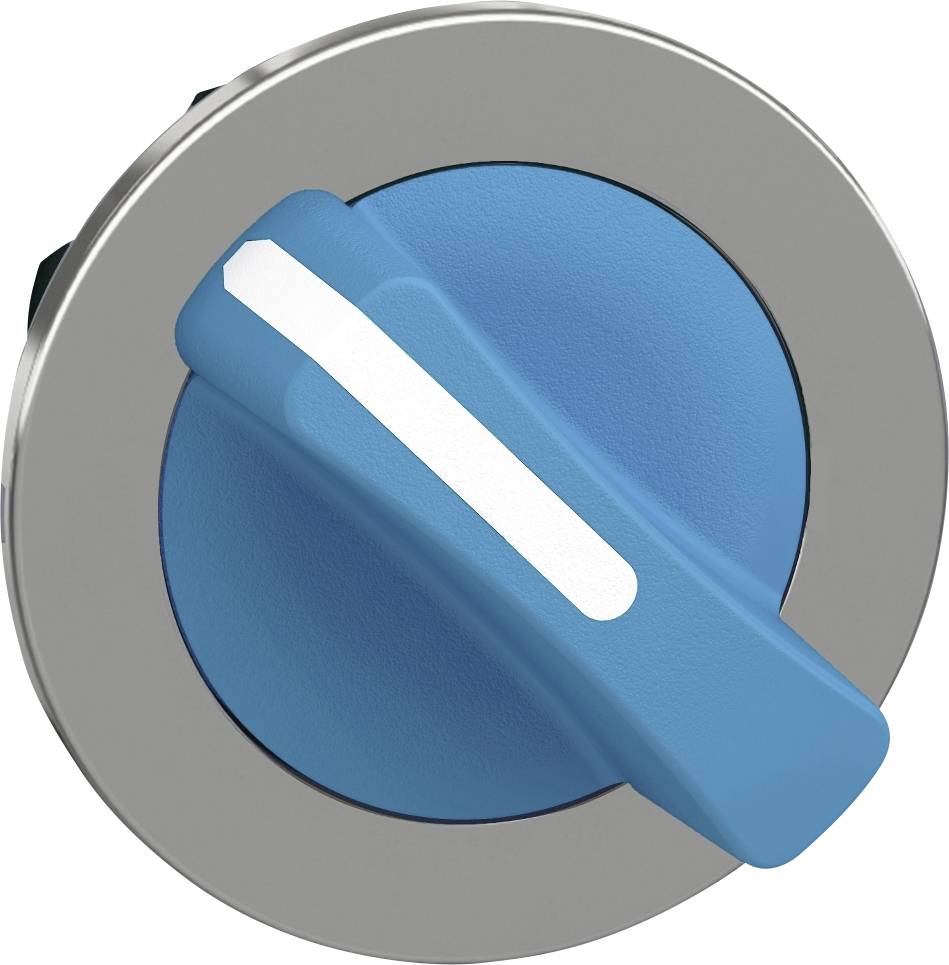 Modrý otočný gombík na kruhovej sivej základni, ktorý smeruje biely šípkou nahor, pravdepodobne ovládací prepínač.