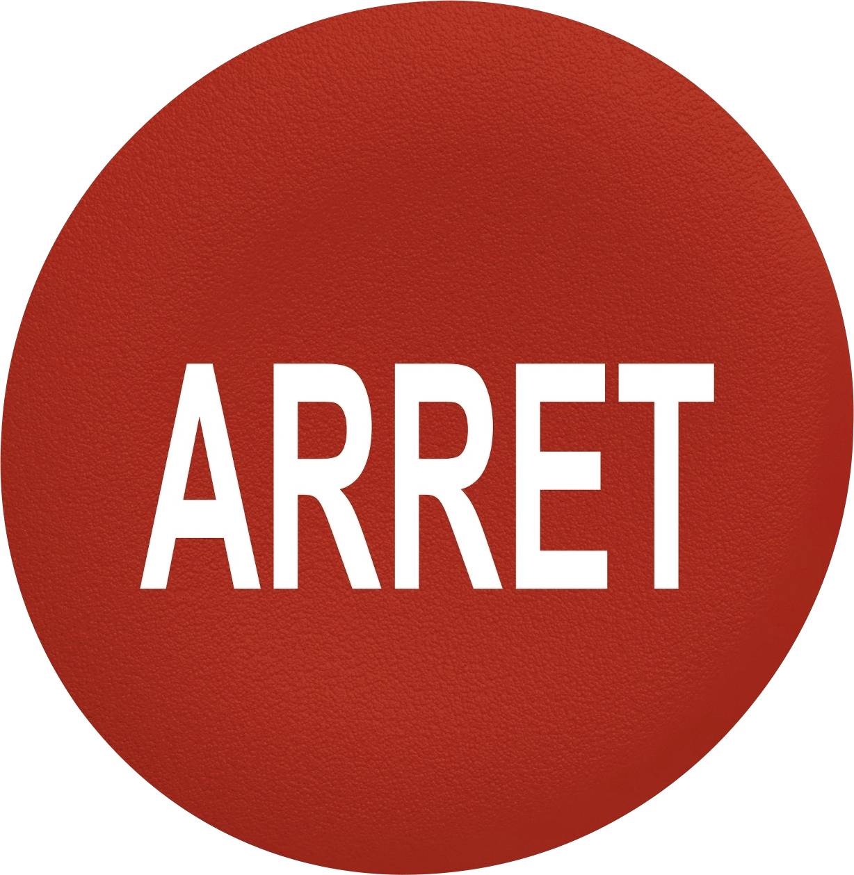 Červený, okrúhly dopravný znak s bielym textom 'ARRET', čo znamená 'Stop' vo francúzštine. Označuje zastavenie alebo prerušenie.