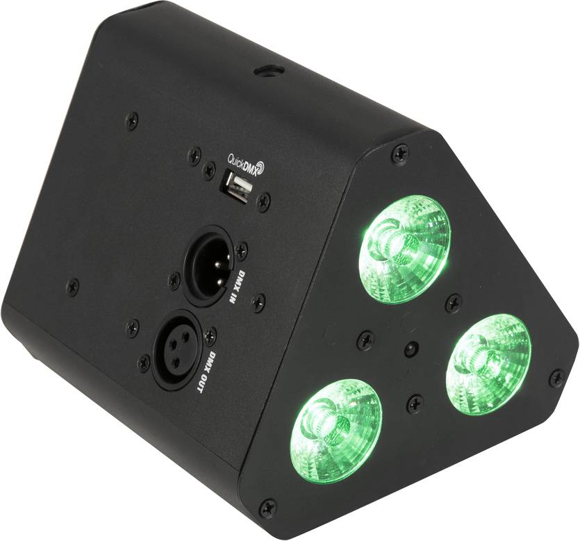 Čierne trojuholníkové LED svetelné zariadenie s troma svietiacimi zelenými LED diódami a konektormi na boku.