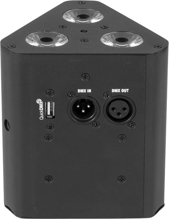 Čierny trojuholníkový LED reflektor s DMX vstupom/výstupom a USB pripojením, vhodný pre javiskové osvetlenie.
