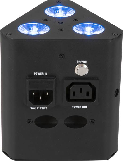 Trojuholníkový rozvádzač s modrou LED podsvietením, vstupnými a výstupnými portami a spínačom na ovládanie elektrického prúdu.