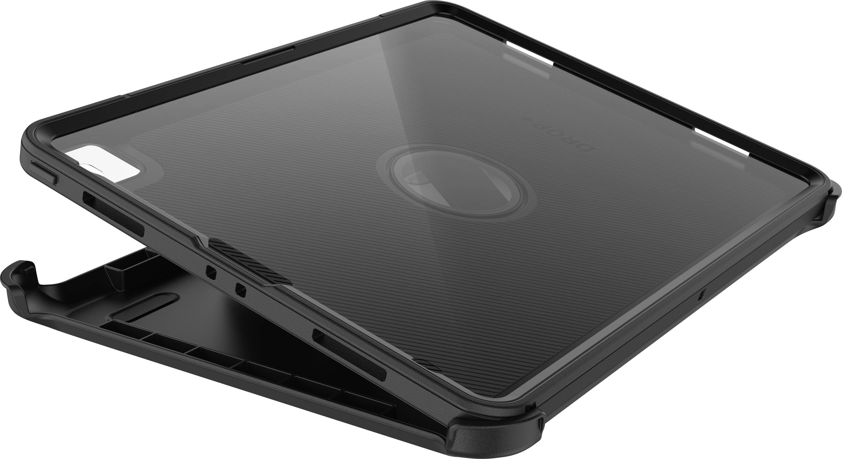 Čierny, robustný obal na tablet so spevnenými rohmi, ktorý je na jednej strane mierne otvorený a odhaľuje dizajn tabletu.