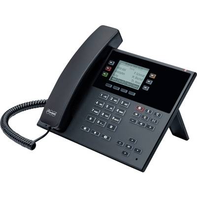Moderný stolový telefón s numerickou klávesnicou, displejom zobrazujúcim informácie o hovoroch a rôznymi funkčnými tlačidlami.