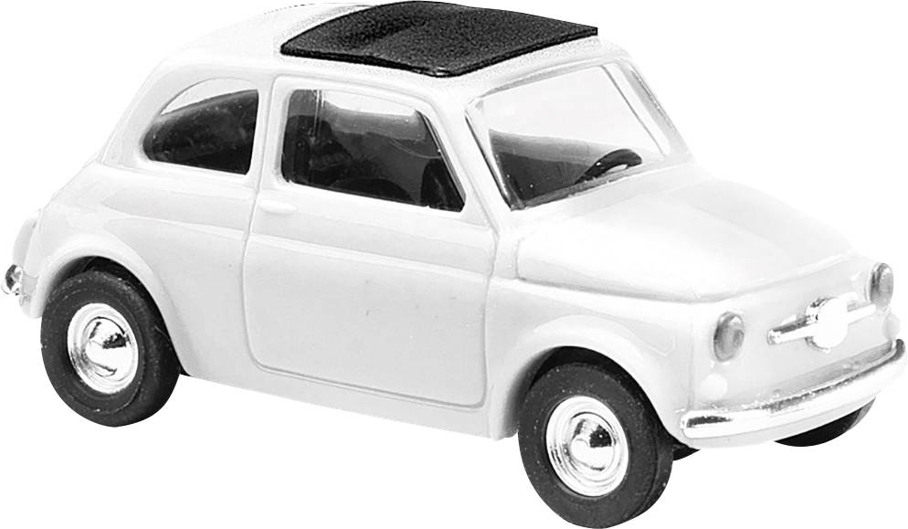 Biele modelové auto v retro štýle s čiernou strechou stojí na svetlom pozadí.