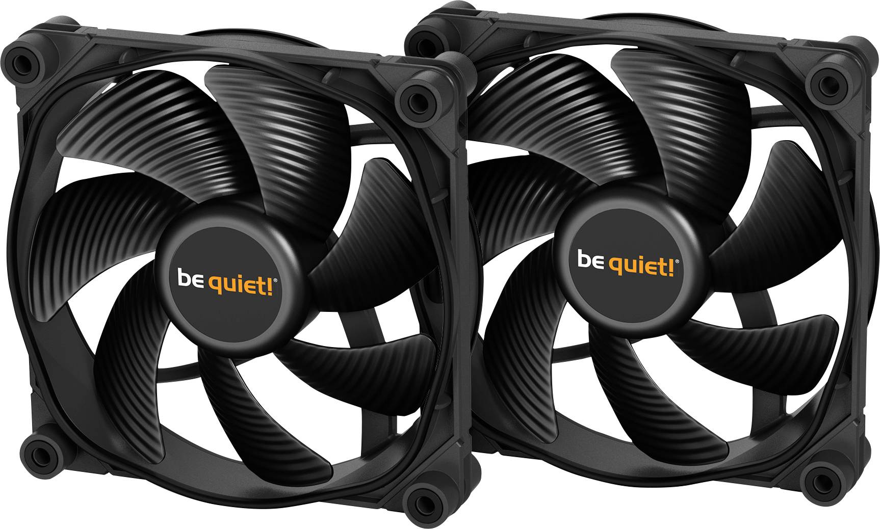 Dva čierne počítačové ventilátory značky 'be quiet!' vedľa seba, pohľad spredu, s kruhovými stredovými časťami a viacerými lopatkami.