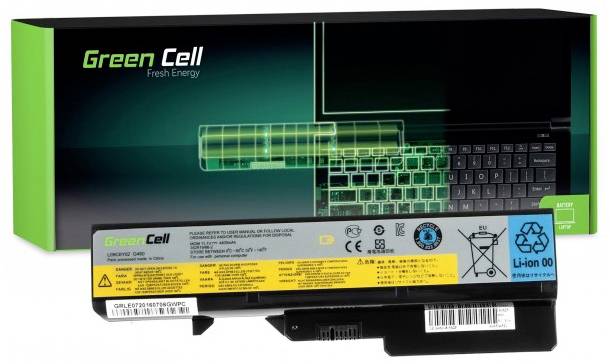 Obal batérie pre notebook 'Green Cell' s obrázkom notebooku a špecifikáciami batérie.