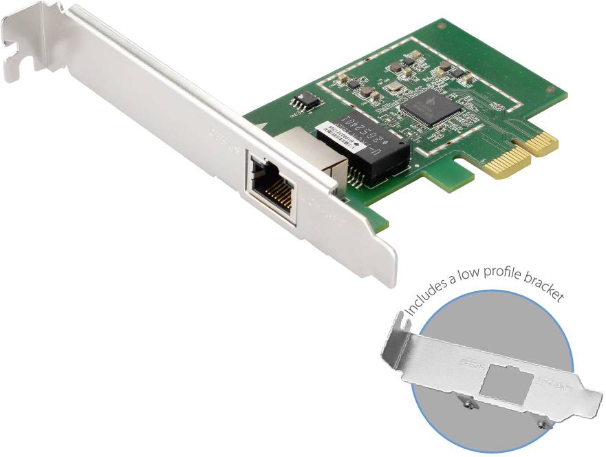 Interná sieťová karta so zeleným obvodom a ethernetovým portom vrátane nízkeho profilového držiaka ako príslušenstvo.