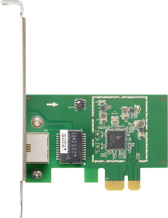 'Interná sieťová karta vo formáte PCIe s ethernetovým rozhraním a zelenou doskou plošných spojov, pohľad zhora.'