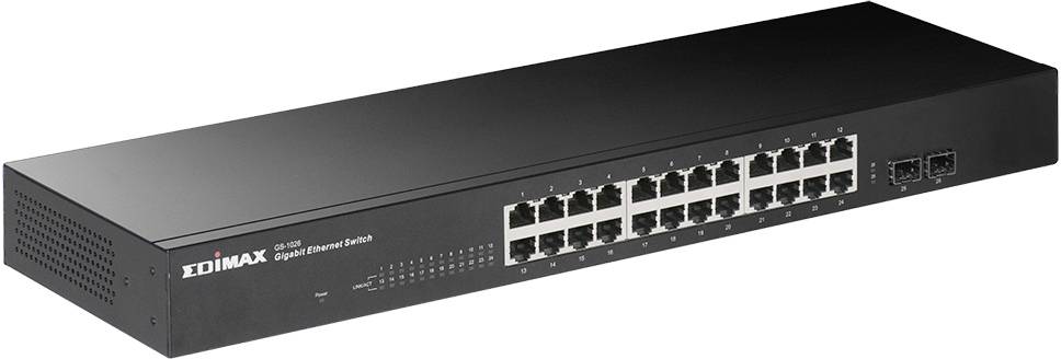 Čierny ethernetový prepínač s 24 portami a firemným logom na ľavej strane. Ideálny pre sieťové pripojenia.
