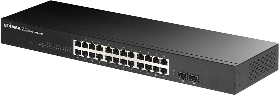 Čierny sieťový prepínač s 24 ethernetovými portami a dvoma dodatočnými možnosťami pripojenia, vhodný pre profesionálne sieťové aplikácie.