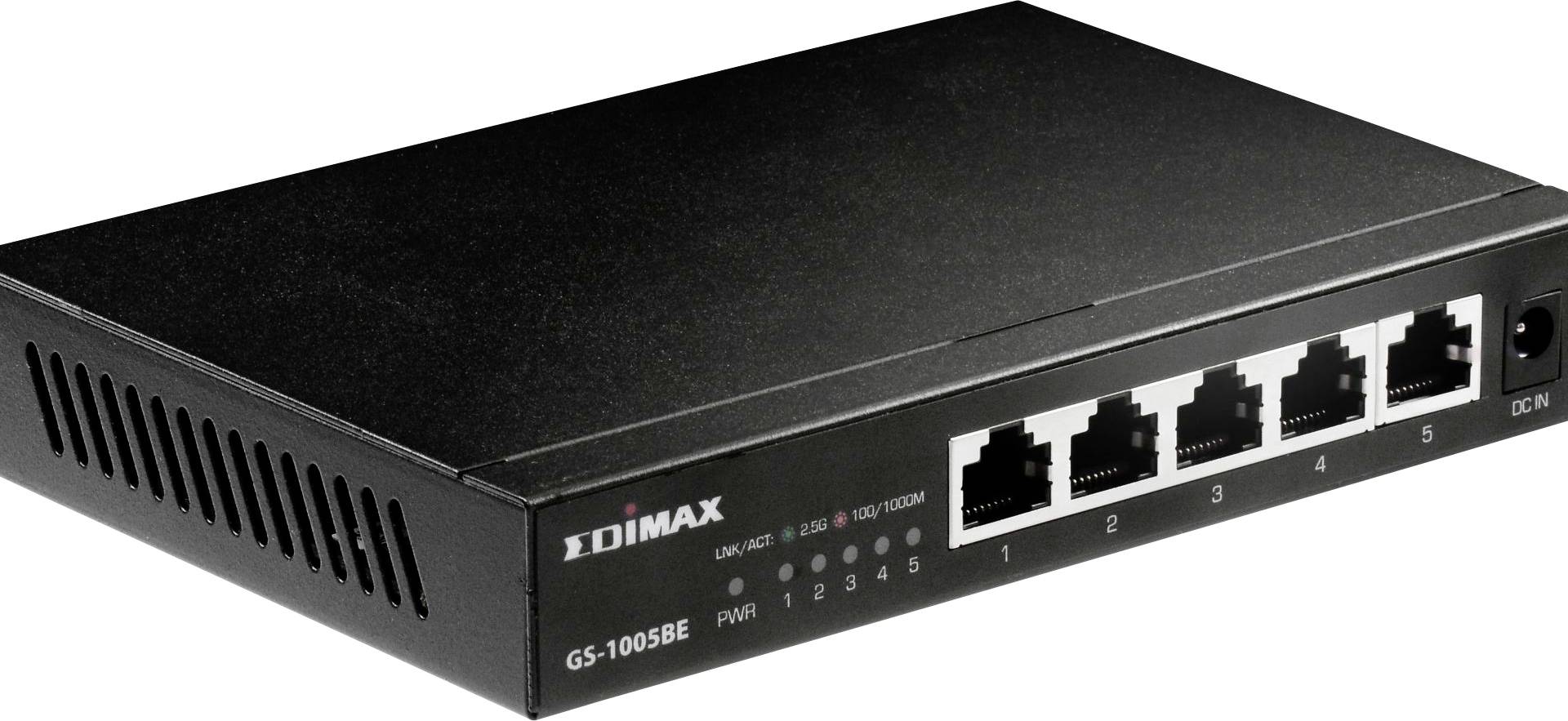 Čierny sieťový switch s piatimi ethernetovými portami, na prednej strane označený bielymi číslami od 1 do 5.