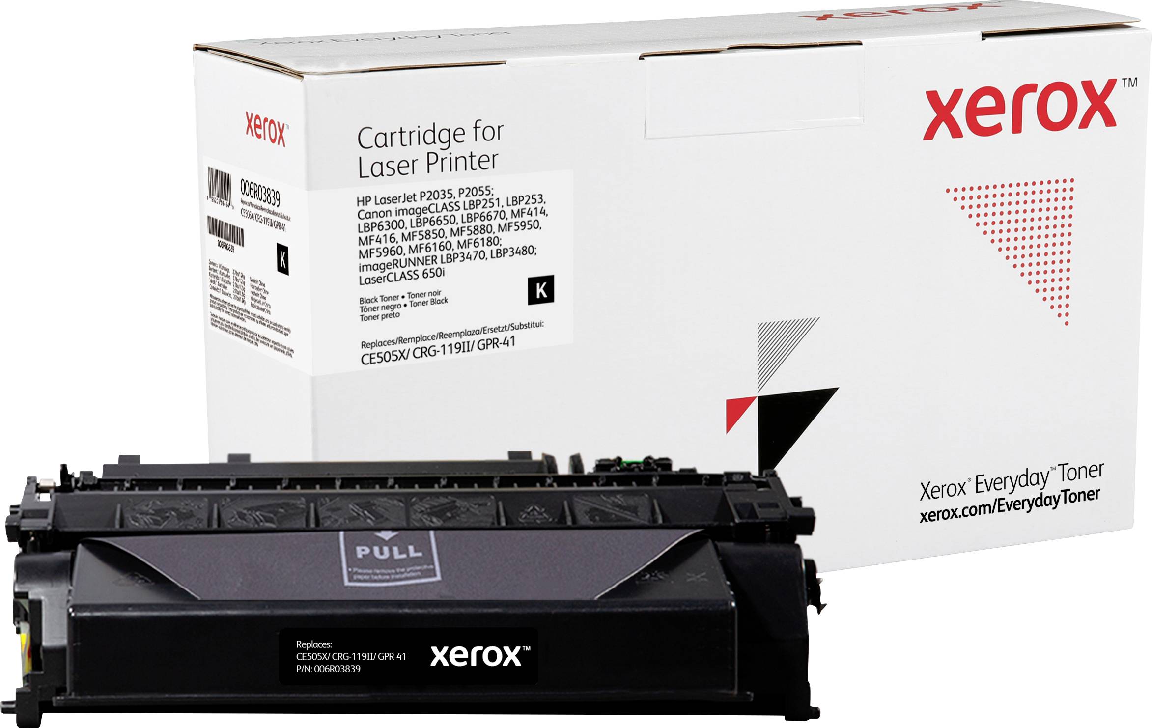 Tonerová kazeta pre laserové tlačiarne Xerox, číslo modelu CE255XX DJI-1190V, kompatibilná s rôznymi modelmi tlačiarní, čierna farba.