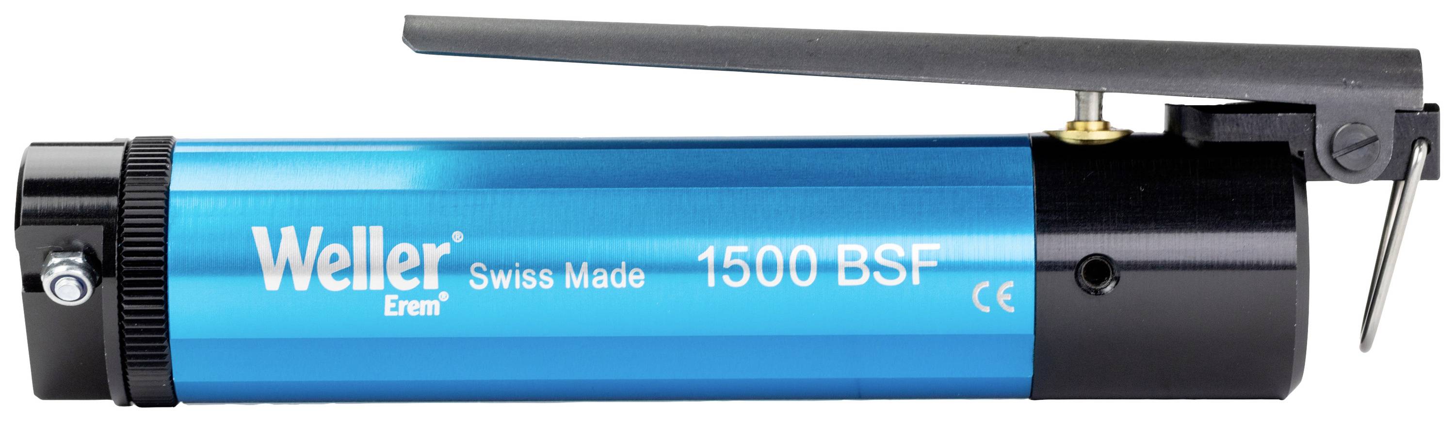 Modrá spájkovacia pumpa Weller, model 1500 BSF, s čiernou rukoväťou a nápisom 'Swiss Made' na boku.