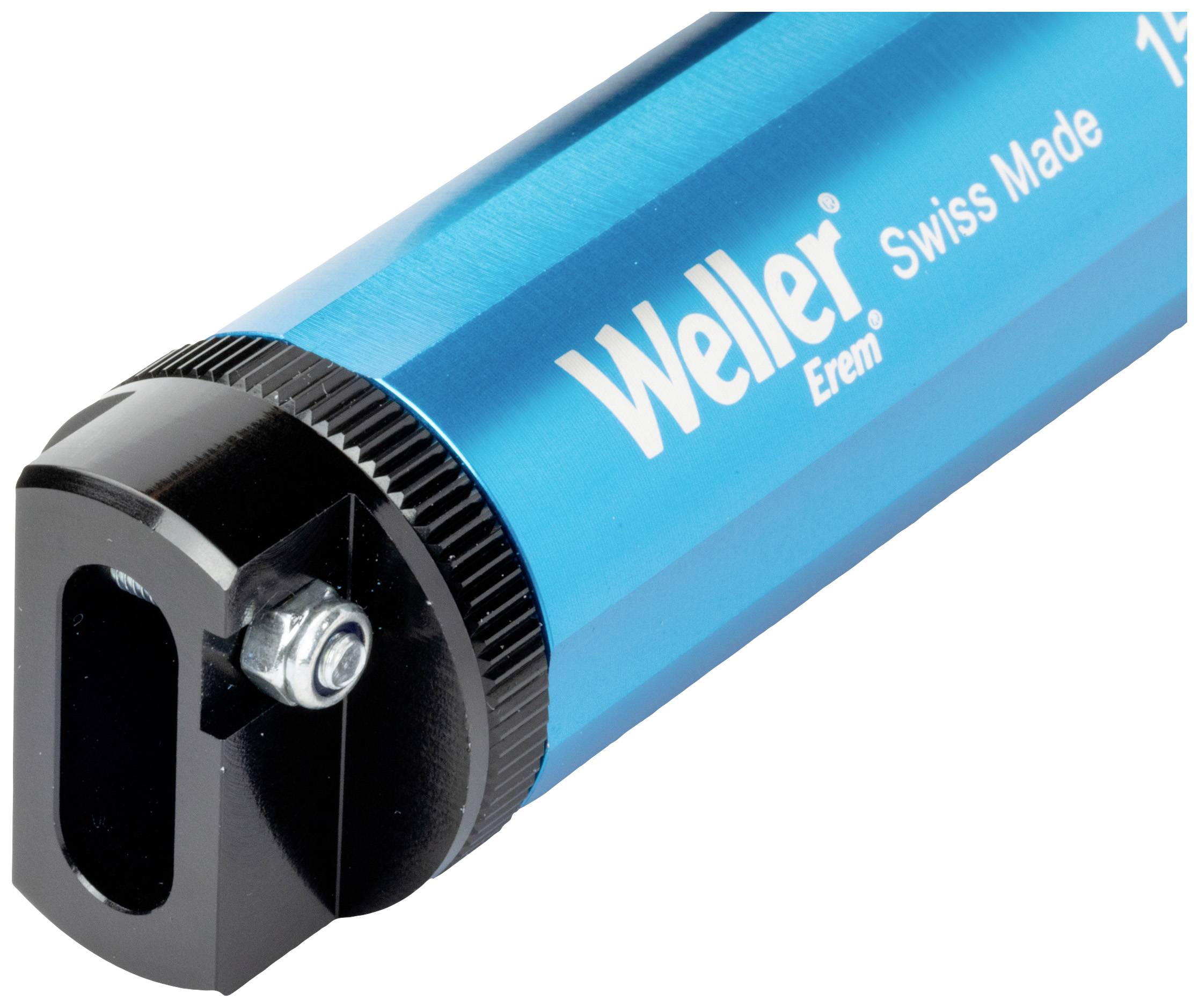Modrý odsávač spájky značky 'Weller', s čiernym hrotom a skrutkou. Označenie udáva 'Swiss Made'.
