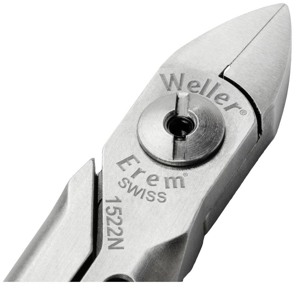Strieborné presné kliešte s gravírovaným nápisom 'Weller Erem 1522N Swiss'. Mechanizmus presného strihania je viditeľný.