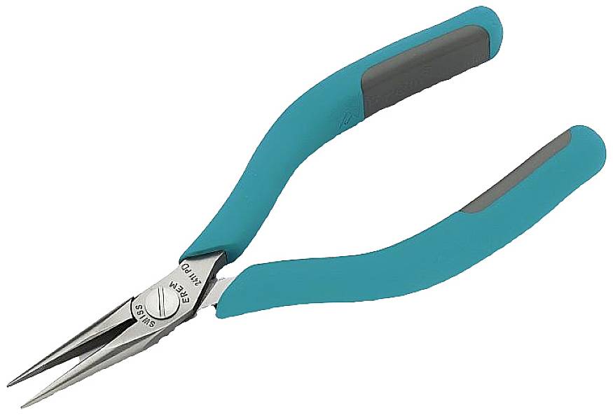 Špicatá kliešte s modrými ergonomickými rukoväťami. Vhodné pre presné práce, ako je uchopenie malých objektov alebo drôtov.