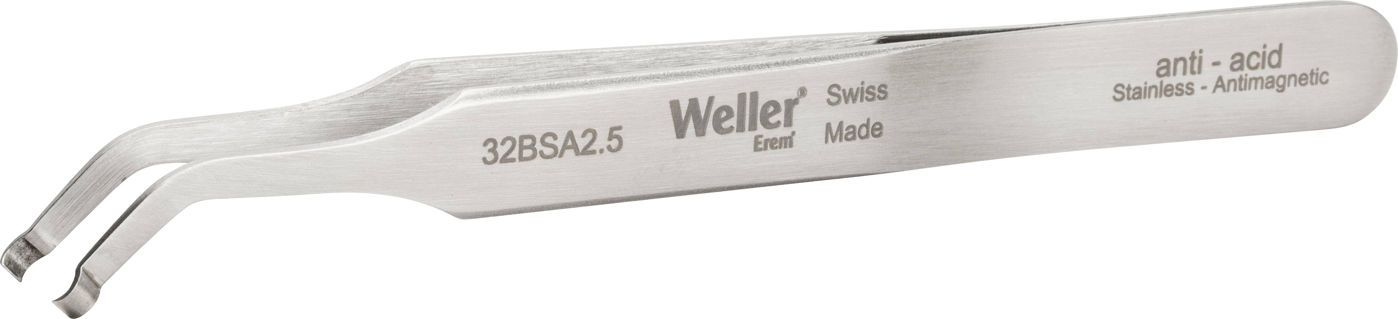 Zakrivená pinzeta z nehrdzavejúcej ocele značky Weller s nápisom 'anti-acid' a 'Swiss Made', vhodná pre presné práce.