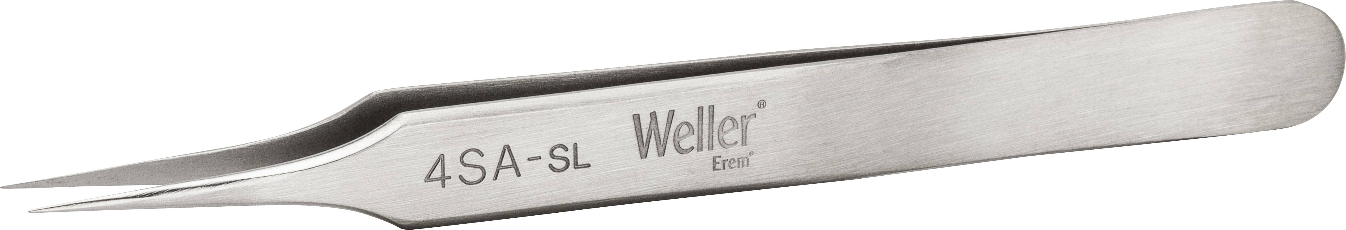 Strieborná presná pinzeta s nápisom '4-SA-SL Weller Erem' na rukoväti.