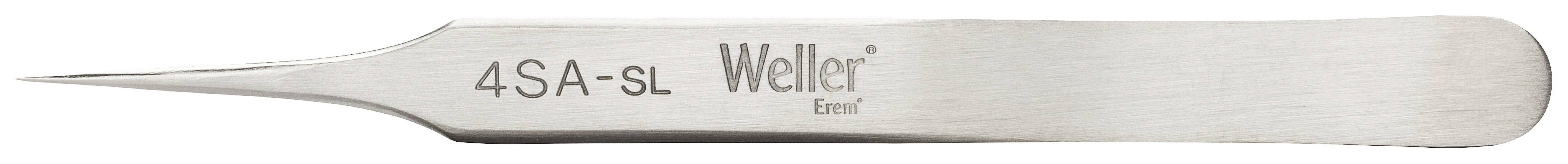 Jemná pinzeta s nápisom '4SA-st. Weller China'. Pinzeta je vyrobená z kovu a má štíhly, špicatý tvar.